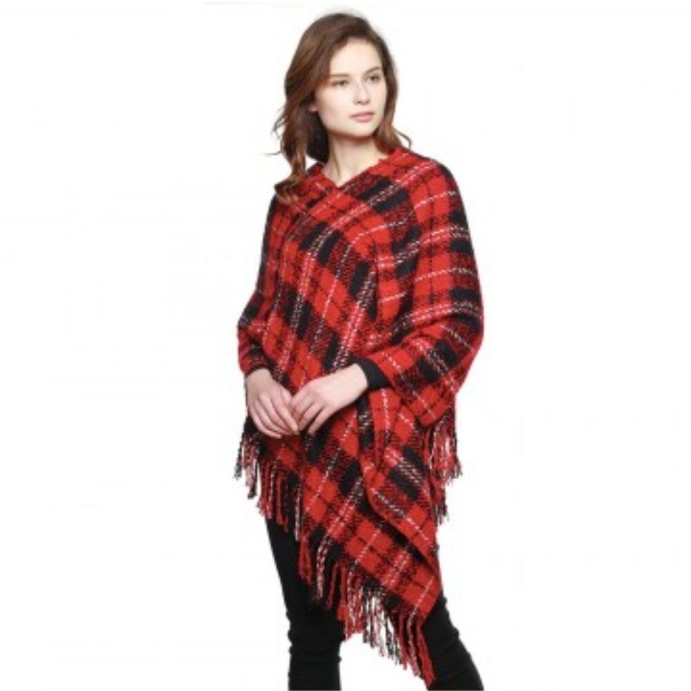 Fadivo Red Acrylic Plaid Poncho
